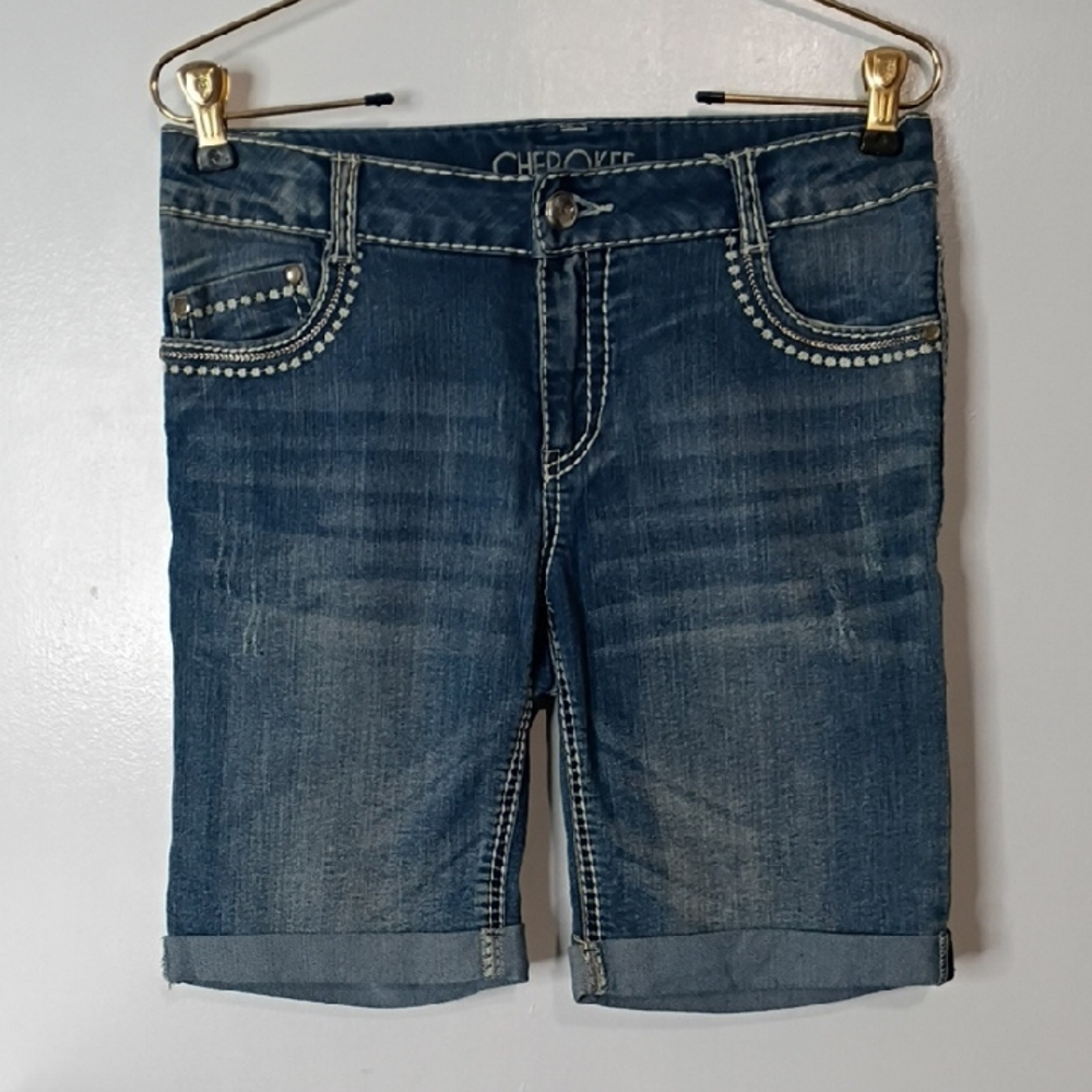 Cherokee Indigo Denim Shorts Women's XL 14-16 White Hem Embroidered